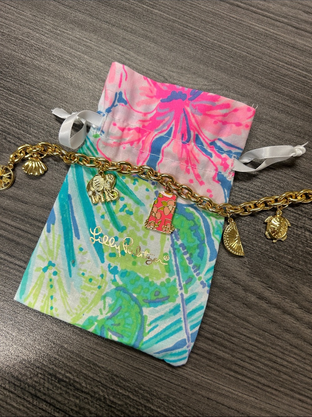 Lilly Pulitzer Gold Charm Bracelet with Pink, Green & Blue Pouch